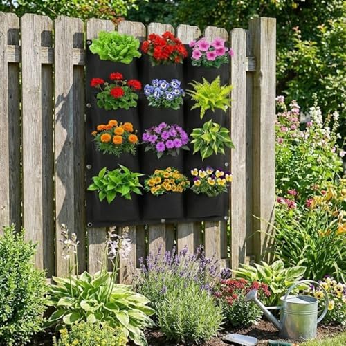 WFIST Vertical Hanging Planter Bag, Breathable Felt Wall Garden Planter with Metal Grommets, Indoor/Outdoor Space-Saving Herb & Flower Growing Pouch (12-Pocket)