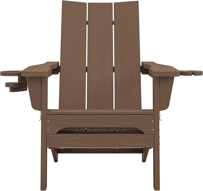 SERWALL Modern Adirondack Chair Set of 8, Folding Adirondack Chair with Cup Holders, Outdoor HDPE Fire Pit Chairs for All Weather Use, Brown