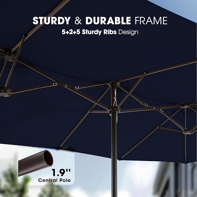 wikiwiki 15ft Large Patio Umbrellas with Base Included, Outdoor Double-Sided Umbrella with Crank Handle, Powerful UV Protective, for Pool Lawn Garden, Navy Blue