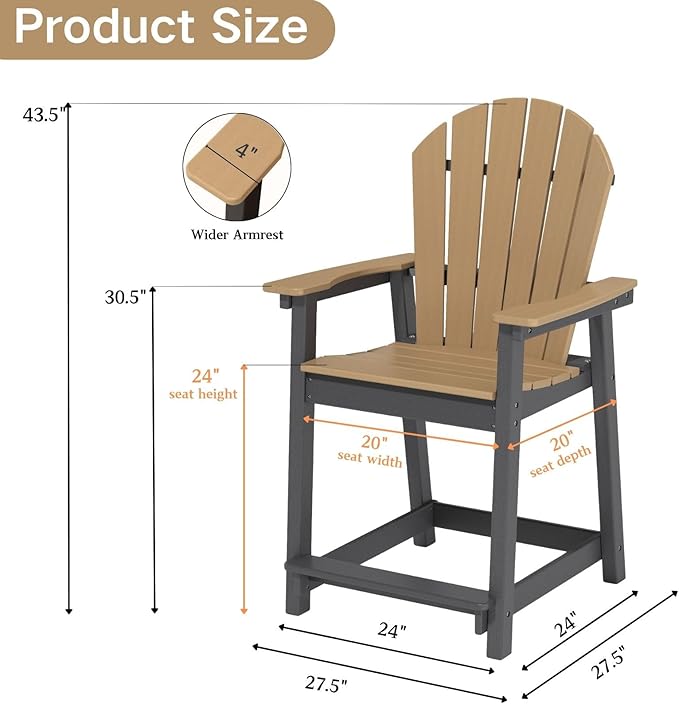 OTSUN Tall Adirondack Chairs Set of 5, Patio Bar Stool Chairs with one Table, 400lbs, Widened Arms, All-Weather Balcony Chair for Backyard, Garden (Black & Brown, 5 Sets)