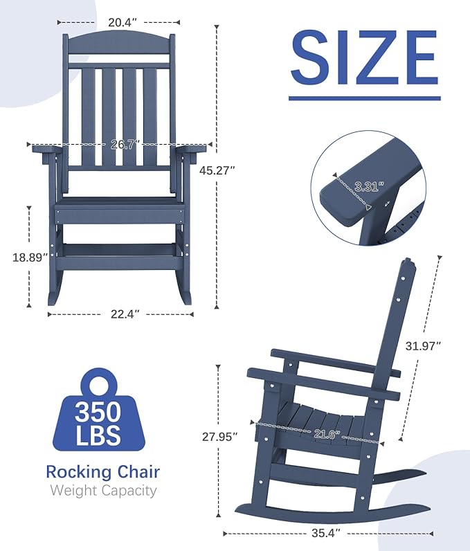 FOOWIN Outdoor Rocking Chair Set of 4, High Back Patio Rocking Chair, HDPE All Weather Resistant Porch Rocker for Adult, Oversized Rocking Chairs for Garden, Lawn, Indoor & Outdoor Use, Navy Blue