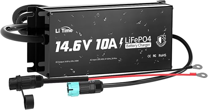 LiTime IP65 Waterproof 14.6V 10A LiFePO4 Onboard Charger, Fast Charging, 4 Safety Protections, Better Charging Performance, Extend Lithium Batteries Life, with LED Indicator, Outdoor & Marine Use