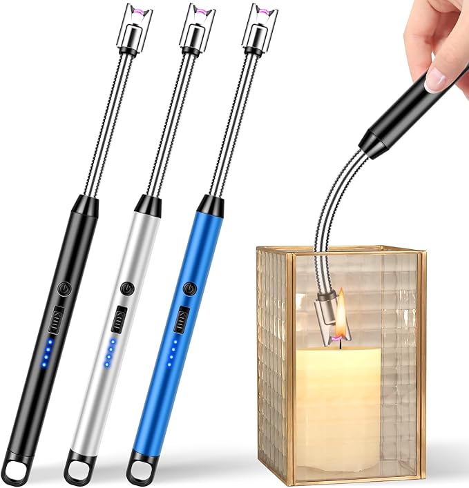 LcFun 3 Pack Electric Candle Lighter Windproof USB Rechargeable Plasma Lighter with LED Battery Display, Flameless Long Arc Lighters for Grill BBQ Camping Fireplace Stove(Black,Blue,Silver)