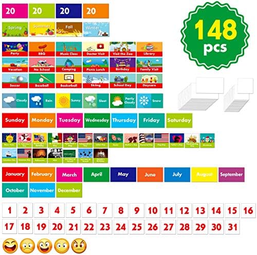 Black Calendar and Weather Pocket Chart with 148 Cards,(108 Illustrated Activity Cards, 40 Dry Erasable Flash Cards and 3 Hooks 28"x35.5")