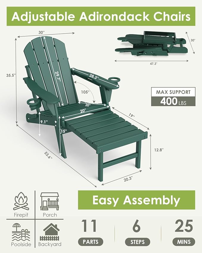 GREENVINES Adjustable Adirondack Chair with Retractable Ottoman Set of 2 | Folding | HDPE Plastic | Fire Pit Chairs w/Foot Rest | 2 Cup Holders | Forest | for Outdoor Patio Poolside Deck