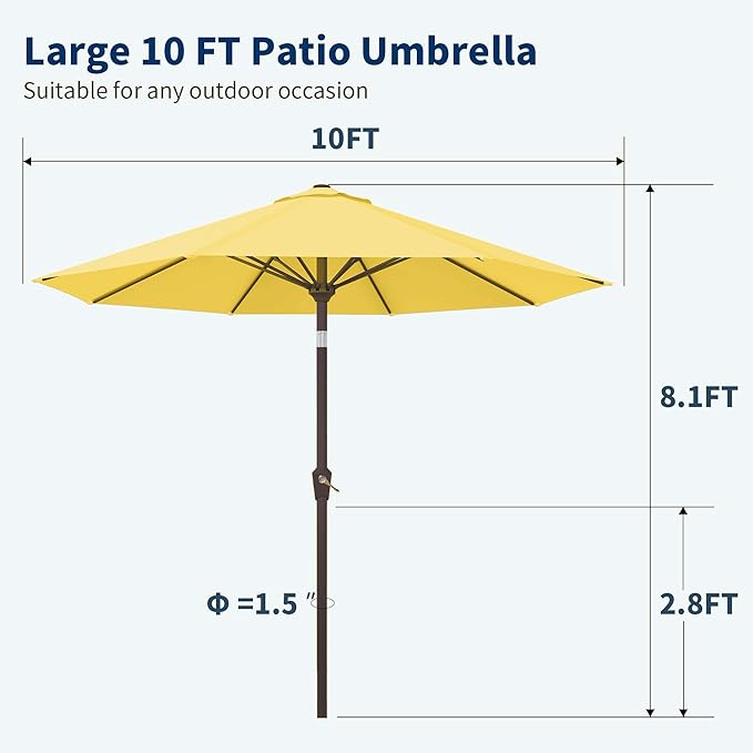 PatioKingdom 10FT Patio Umbrella with Push Button Tilt and Crank, Outdoor Market Umbrella with 8 Fiberglass Ribs, UV Protection Table Umbrella for Pool,Backyard,Garden,Deck(Yellow, 10FT)