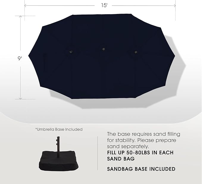 wikiwiki 15ft Large Patio Umbrellas with Base Included, Outdoor Double-Sided Umbrella with Crank Handle, Powerful UV Protective, for Pool Lawn Garden, Navy Blue
