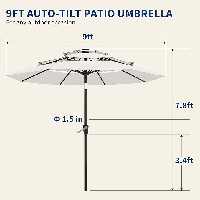 9FT 3 Tiers Patio Umbrella With Auto Tilt and Crank, Outdoor Table Market Umbrella with 8 Sturdy Ribs for Garden, Lawn, Deck, Backyard and Pool, Creamy-white