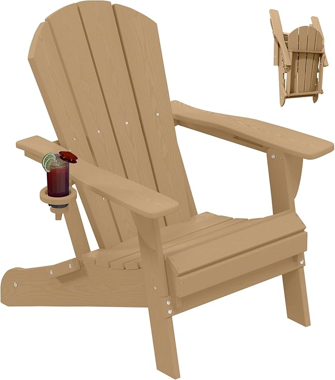 Folding Adirondack Chair, HDPE All-Weather Patio Chairs for Outdoor, Patio, Lawn, Garden, Backyard Deck, Fire Pit - Brown