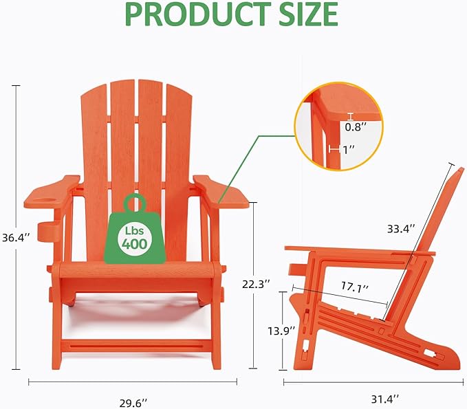 FONTOI Adirondack Chair, Patio Chairs with Cup Holder, Plastic Adirondack Without Screws Install, Outdoor Funiture for Backyard Garden Lawn Beach, 400 LBS Capacity, Orange