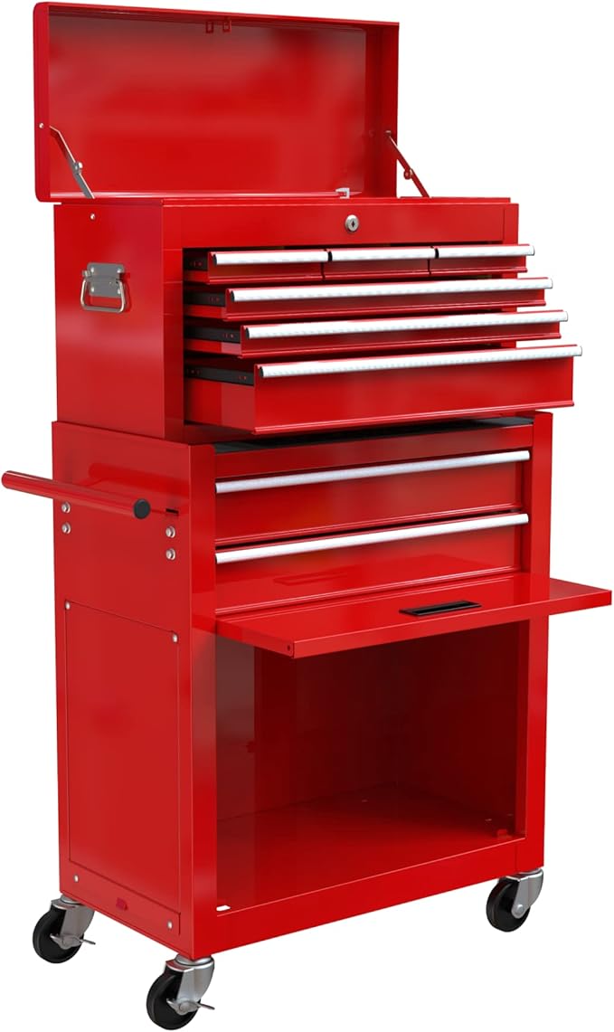 8 Drawers Rolling Tool Box Organizer,High Capacity Tool Chest with Wheels,Lockable Rolling Tool Chest with Bottom Cabinet, Tool Box Rolling Workshop Storage Cabinet (8 Drawers(Red))