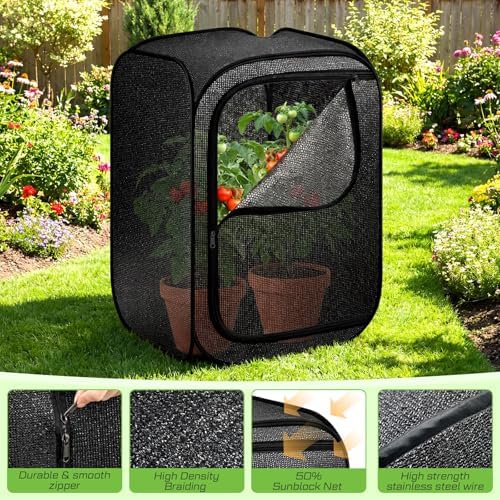 SATINIOR 2 Pack 70% Garden Plant Shade Tent UV Resistant Pop up Plant Protector Sun Shade Netting with Zipper Outdoor Insect Barrier Mesh Guard Cover from Animals Bird(Cage Style,23.6"x23.6"x35.4")