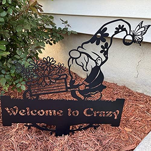 RealSteel Garden Gnome Monogram Yard Sign - Customizable Metal Sign with Gnome & Wheelbarrow Design - Personalized Name & Text (Textured Silver, 19" x 26")