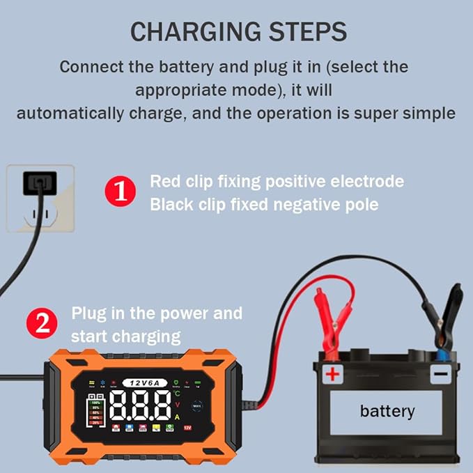 12V 6A Smart Battery Charger - Automotive Car/Motorcycle 12V Lead-Acid Battery Charger with LCD, Pulse Repair & Overcharge Protection (Orange)