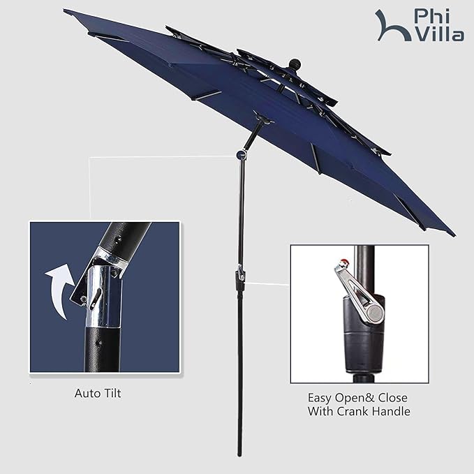 PHI VILLA 5 Piece Patio Dining Set with 10ft Umbrella, 37" Square Metal Dining Table & 4 Cushioned Rattan Chairs with Blue Umbrella for Outdoor, Deck, Yard, Porch