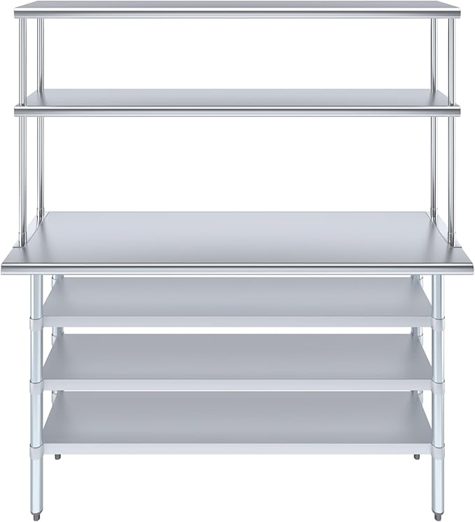 Amgood 18" x 60" Stainless Steel Work Table with 3 Shelves and 12" Wide Double Tier Overshelf | Metal Kitchen Prep Table & Shelving Combo | NSF