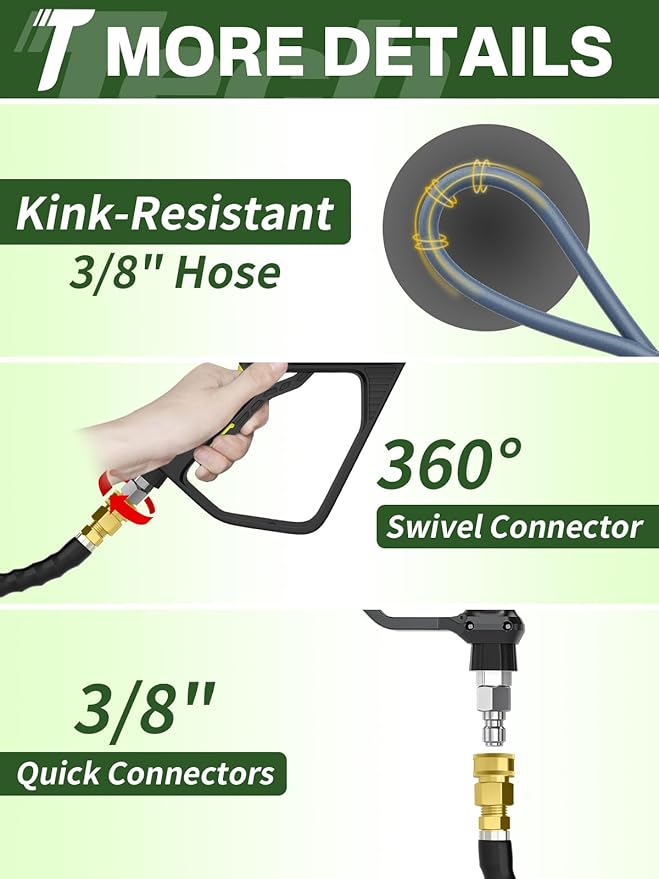 3/8" 4800PSI Pressure Washer Hose 150FT with Swivel Quick Connect for Cold/Hot Water Max 248°F, Kink Resistant Steel Wire Braided, Wear Resistant Power Washer Hose with M22 14mm Adapter