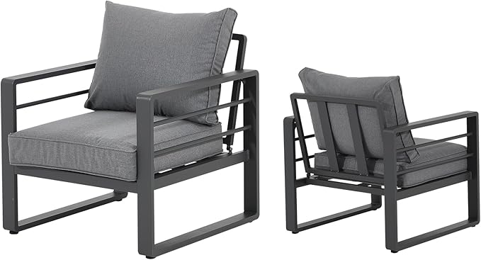 Patiorama Aluminum Patio Furniture Set, 2 PCS Outdoor Armchairs Single Sofa Couch, All Weather Dark Grey Metal Chair with Olefin Cushion, Deep Seating, 300 lbs Capacity, Deck, Garden-Grey Cushion