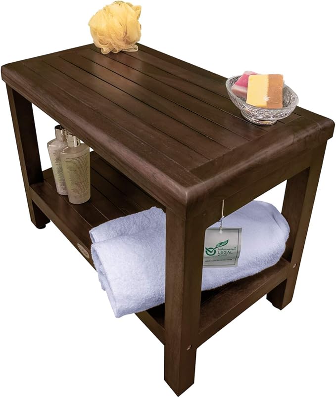 DecoTeak Eleganto 24 Inch Brown Waterproof Teak Wood Shower Bench Stool Seat Chair for Inside Shower Storage Shelf Provides Safety, Storage, and Organization for Bathroom Accessories