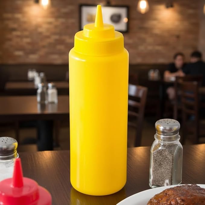 TrueCraftware- 32 oz Yellow Squeeze Condiment Wide Mouth Dispensing Bottles Set of 6- Plastic Squeeze Bottle For Sauces Spreads Ketchup Mustard Mayo Hot sauces and Olive oil