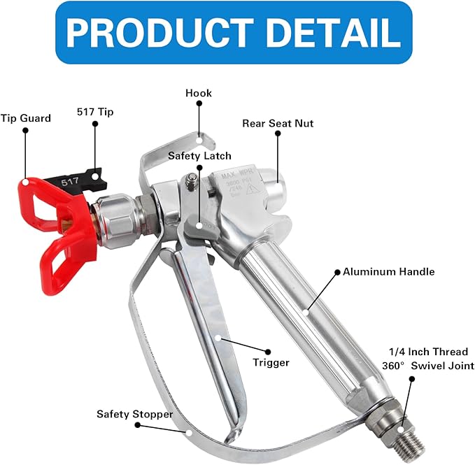 DUSICHIN Airless Paint Spray Gun 3600 PSI Swivel Joint for Graco Titan Airless Paint Sprayers Reversible 517 Nozzle Tip and Tip Guard 10 inches Extension Pole DUSG90