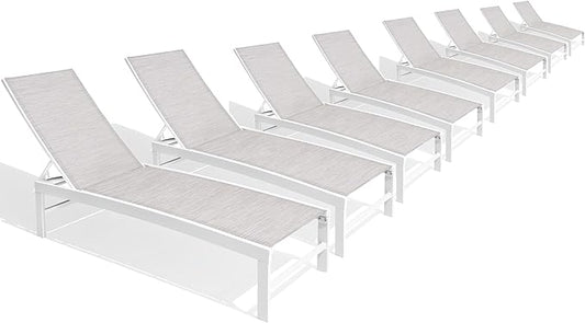Chaise Lounge Chair, Set of 8 Outdoor Recliner Lounge Chair Sun Loungers, All Weather Chaise with 5 Adjustable Backrest and Lay Flat Positions for Garden, Balcony, Pool, White and Beige
