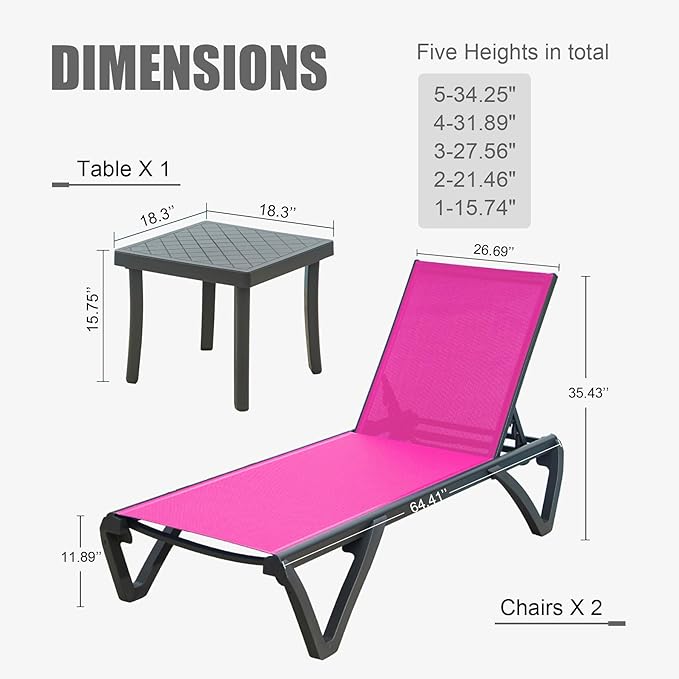 Domi Outdoor Lounge Chair, Aluminum Plastic Patio Chaise Lounge with Side Table & 5 Position Adjustable Backrest & Wheels, All Weather Reclining Chair for Outside Beach Poolside Lawn, Rose Red