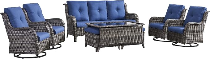 HUMMUH 8pcs Patio Furniture Set Outdoor Swivel Rocker Wicker Patio Chairs,Outdoor Couch with Coffee Table and Ottomans(Grey,Blue)