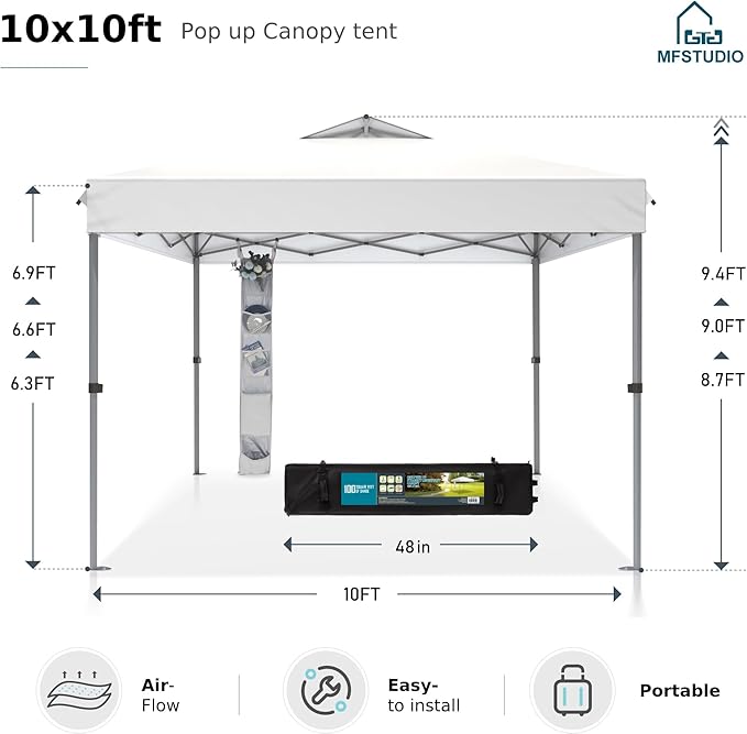 MFSTUDIO Pop Up Canopy Tent, 10x10 Outdoor Canopies One Person Push Set Up Tent Instant Portable Shelter Tents with Vented Top, Storage, 4 Sandbags, Beach Canopy,White