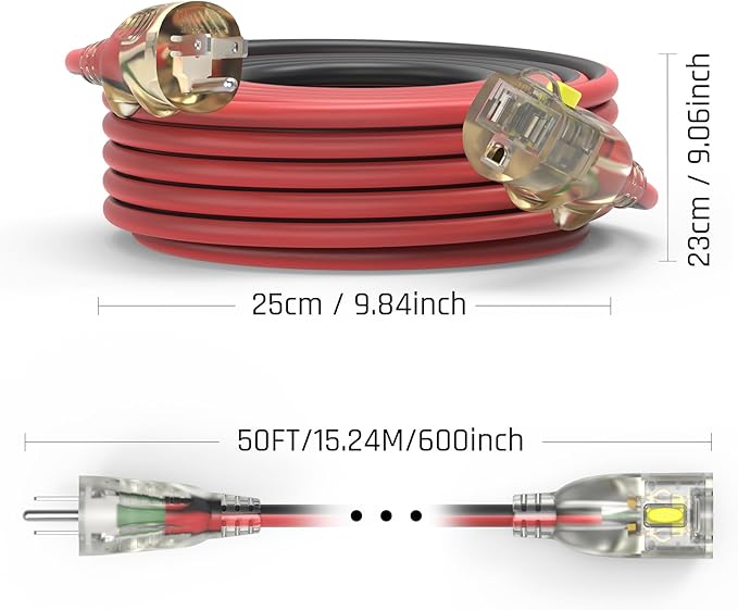 50FT Extra Long Medium Duty Outdoor Extension Cords, 14/3 Gauge Electrical Wire Cable, 15 Amp Waterproof, LED Lighted Locking Plug for Indoor and Outside Use, Power Cord ETL Certified