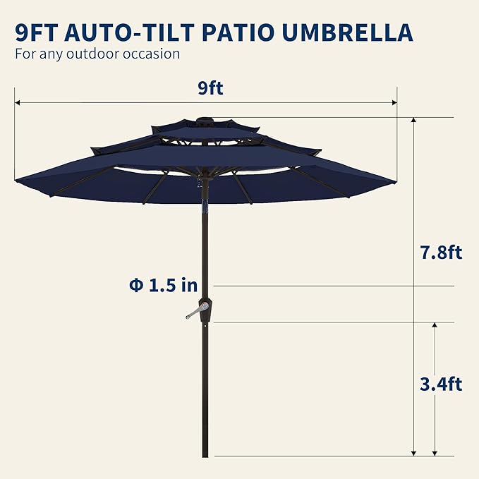 9FT 3 Tiers Patio Umbrella With Auto Tilt And Crank, Outdoor Table Market Umbrella with 8 Sturdy Ribs for Garden, Lawn, Deck, Backyard and Pool, Navy