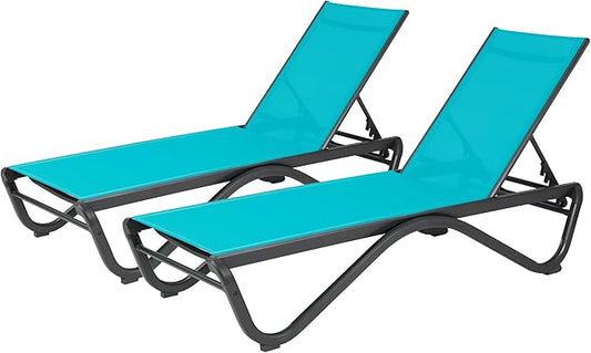 Kozyard 2Pack Chaise Lounge Full Alumium Outdoor Reclining Adjustable Chair Flat Patio Chaise Lounge Chair for Poolside, Sunbathing, Beach 2Aqua Textilene