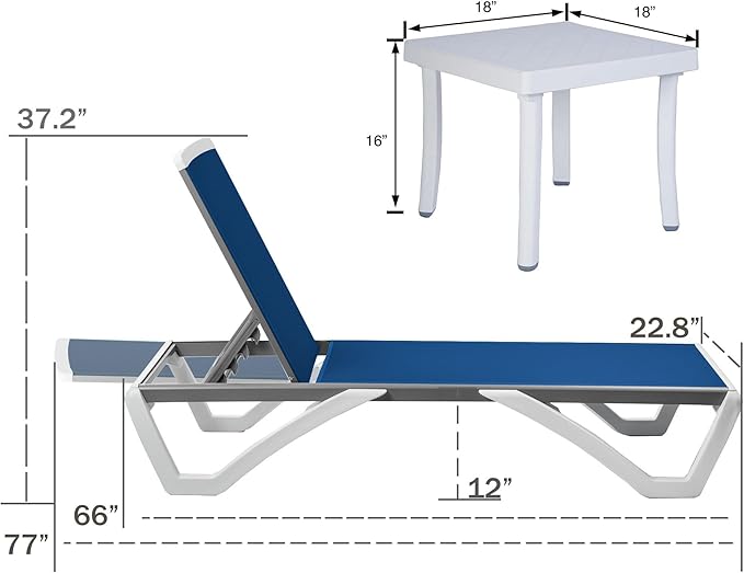 Kozyard Patio Chaise Lounge Chair - Full Flat Alumium & Resin Legs, Outdoor Reclining Adjustable Chair for Sunbathing, Beach, Patio, Lounge Set with Table (2 Blue Textilence W/Table)
