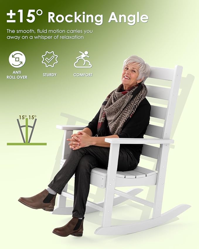 GREENVINES Outdoor-Rocking-Chairs-Set-of-4 | HDPE Plastic | Patio Rockers | Porch Rocker Chair | Shaker | Oversized | High Ladder Back | Big & Tall | PentaLuxe | White