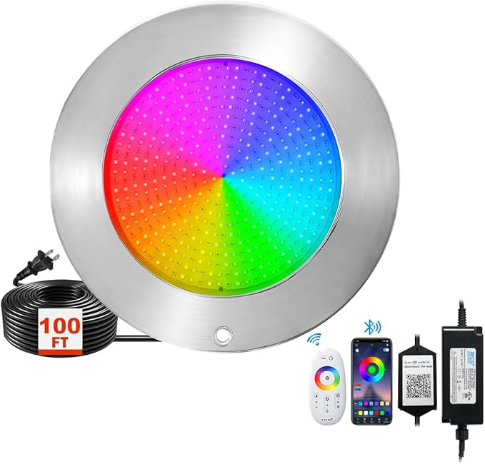 Pool Lights for Inground Pool, LED Multicolor Inground Pools RGB Stainless Steel Underwater Light for Wet Niche, APP Control & Remote Control, Easy Install (10''-RGB-60W, 100FT)