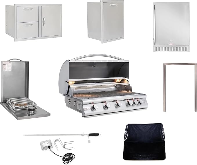 BLAZE BBQ Outdoor Grill Package 15 of 40” LTE Built-in Natural Gas Grill, Gas Dop-In Single Side Burner, 32” Door & Two Drawers Combo, 18” Roll Out Propane Tank, 24” Refrigerator and Accessories