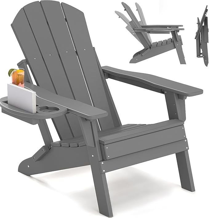 FOOWIN Folding Adjustable Adirondack Chair,HDPE Adirondack Chair w/4 in 1 Cup Holder Trays,All-Weather Resistant Fire Pit Chair, Outdoor Chair for Patio Lawn Poolside,400lbs,Dark Grey
