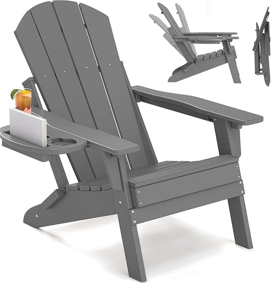 FOOWIN Folding Adjustable Adirondack Chair,HDPE Adirondack Chair w/4 in 1 Cup Holder Trays,All-Weather Resistant Fire Pit Chair, Outdoor Chair for Patio Lawn Poolside,400lbs,Dark Grey