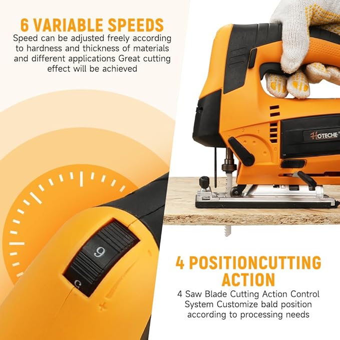 Hoteche's 6.7Amp Electric Jig Saw with Laser Guide and Ruler – Corded Pendulum Jigsaw for Wood and Metal Cutting, 4 Orbital Settings, Quick Blade Change, Aluminum Base, Includes Blades & Accessories