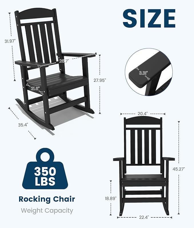 FOOWIN Outdoor Rocking Chair Set of 6, High Back Patio Rocking Chair, HDPE All Weather Resistant Porch Rocker for Adult, Oversized Rocking Chairs for Garden, Lawn, Indoor & Outdoor Use, Black