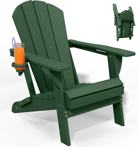 Folding Adirondack Chair, HDPE All-Weather Patio Chairs for Outdoor, Patio, Lawn, Garden, Backyard Deck, Fire Pit - Dark Green