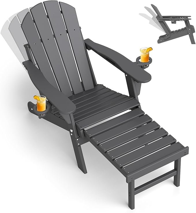 GREENVINES Adjustable Adirondack Chair with Retractable Ottoman | Folding | HDPE Plastic | Fire Pit Chairs w/Foot Rest | 2 Cup Holders | Grey | for Outdoor Patio Poolside Deck