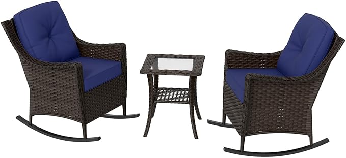 COOS BAY Stone Harbor Patio Bistro Set, 3 Piece Rattan Patio Table and Chairs Set, Wicker Rocking Chairs with Side Table, Small Balcony Furniture Set, Brown/Blue