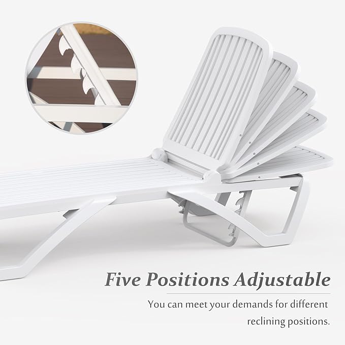 Domi Pool Lounge Chair, Aluminum Adjustable Lounge Chair for Outside, All Weather Plastic Chaise Lounge Outdoor with Table for Beach Deck Lawn Poolside, White