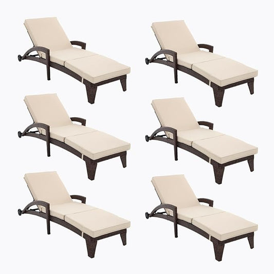 Patio Chaise Lounge Set of 6, Wicker Lounge Chairs Outdoor with Wheels, Heavy Duty Lounger Chair Outdoor, Wicker Chaise Lounges with Armrests All Weather, Khaki