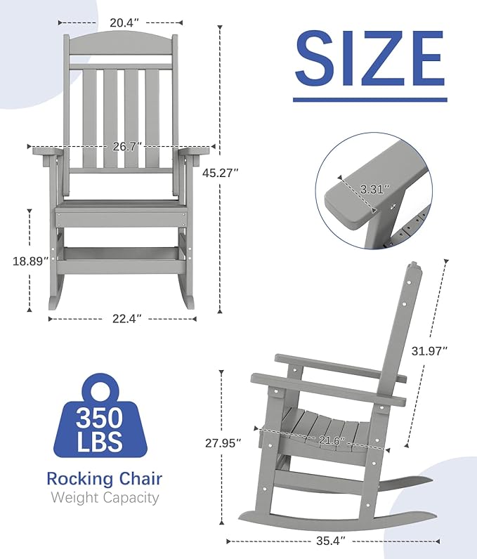FOOWIN Outdoor Rocking Chair Set of 2, High Back Patio Rocking Chair, HDPE All Weather Resistant Porch Rocker for Adult, Oversized Rocking Chairs for Garden, Lawn, Indoor & Outdoor Use, Grey
