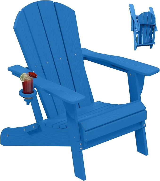 Folding Adirondack Chair, HDPE All-Weather Patio Chairs for Outdoor, Patio, Lawn, Garden, Backyard Deck, Fire Pit - Navy Blue