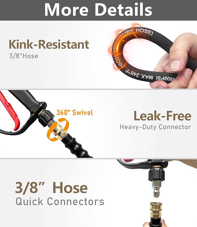 3/8" Pressure Washer Hose 100FT 4800 PSI, Kink Resistant Steel Braided Layer & NonMarking Rubber for Hot/Cold Water, High Power Washer Hose With 3/8 Inch Quick Connect & M22 Fitting, Black