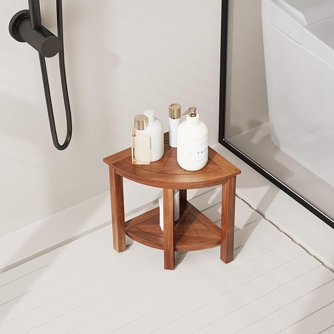 EROMMY 16.8" Teak Shower Bench for Inside Shower, Teak Corner Shower Bench, Waterproof Bath Chair, Shower Stool for Shaving Legs,Space Corner Shower Shelf for Showers & Small Bathrooms