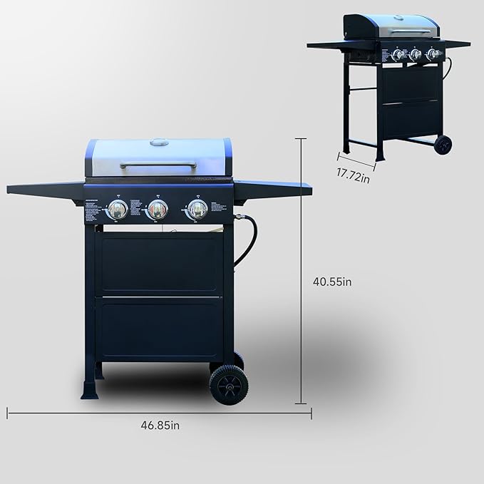Outdoor Propane Grill 3 Burner gas grill, Outside Grill 30,000 Btu Gas bbq grill Built-In Accurate Thermometer. Asadores de gas for PatioGarden Barbeque With Foldable side table.